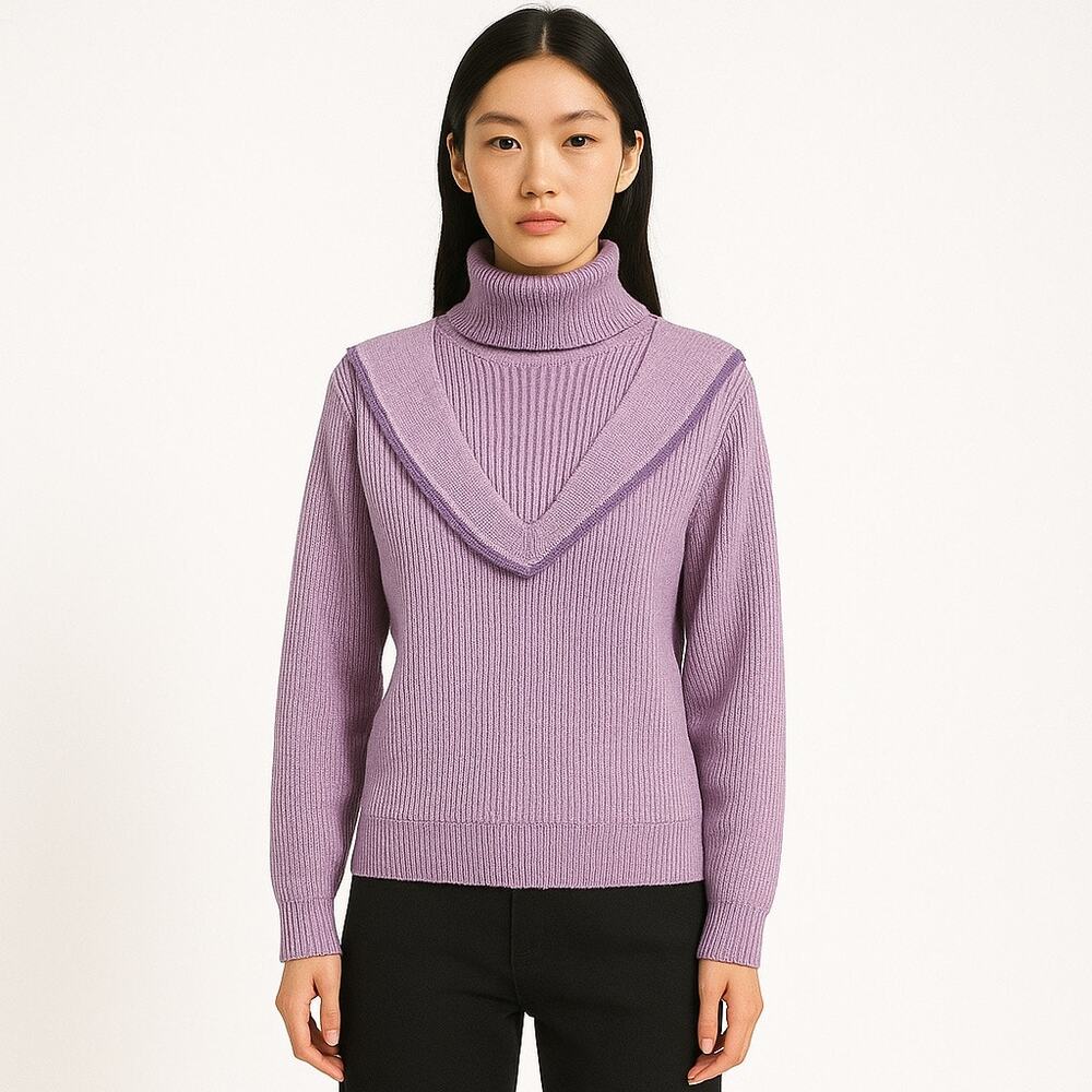 Framed Tricot Purple Rib Knit Turtleneck Long Sleeve Pullover Sweater Top Size M
